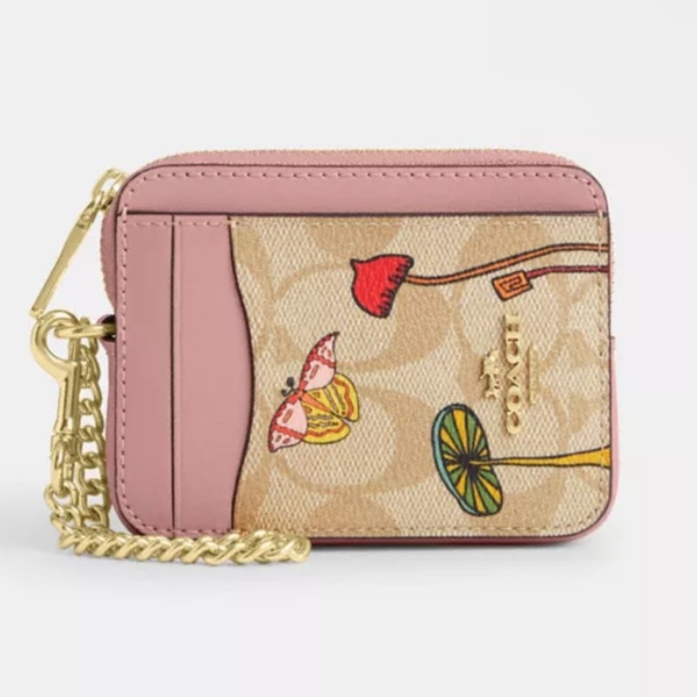 COACH X OBSERVED BY US ZIP CARD CASE IN SIGNATURE CANVAS LIHT KHAKI/LIGHT PINK